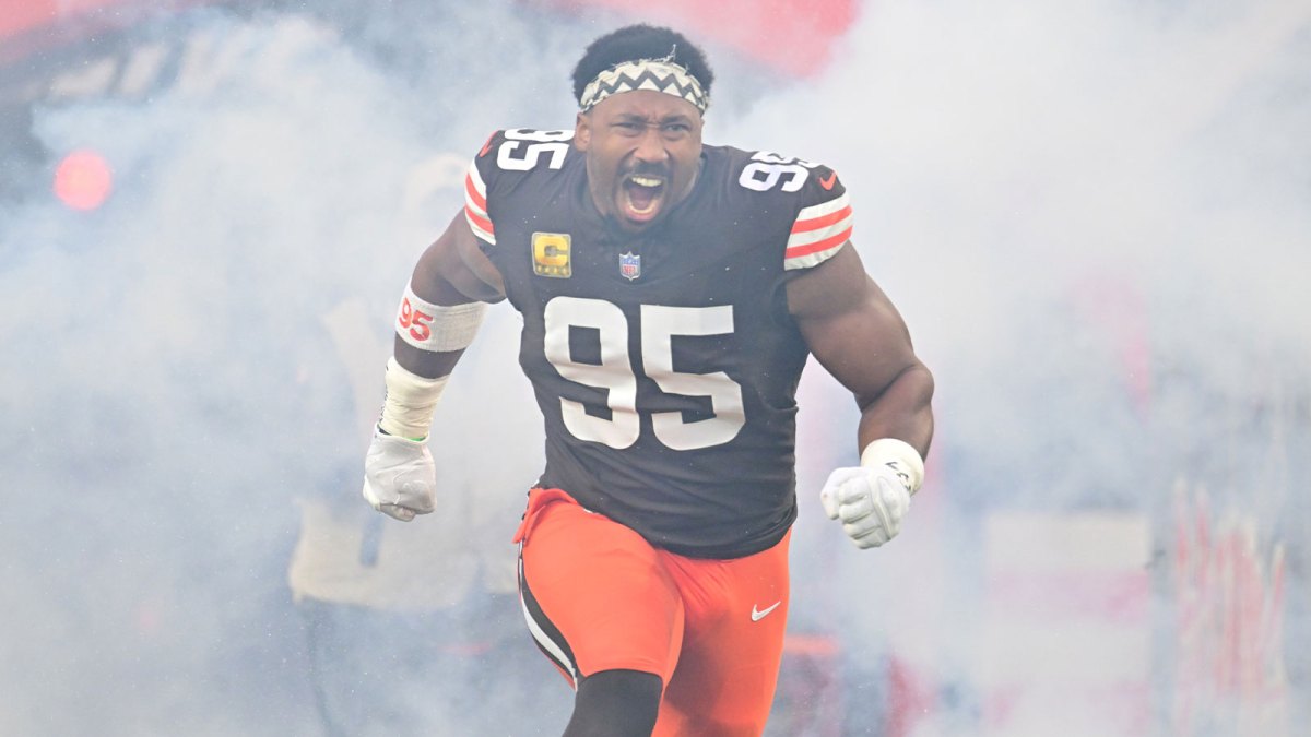 Cleveland Browns defensive end Myles Garrett (95) runs out during player introductions prior to a game against Baltimore Ravens at Huntington Bank Field.