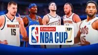 Nikola Jokic, Shai Gilgeous-Alexander, Devin Booker, Jalen Brunson, Donovan Mitchell all together with NBA Cup logo front and center.