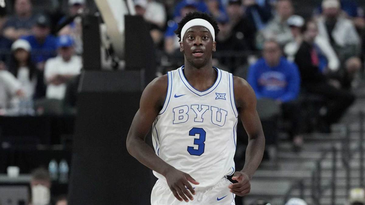 BYU Cougars forward AJ Dybantsa (3) runs up the court against the Villanova Wildcats during the first half of the Hall of Fame Series game at T-Mobile Arena.