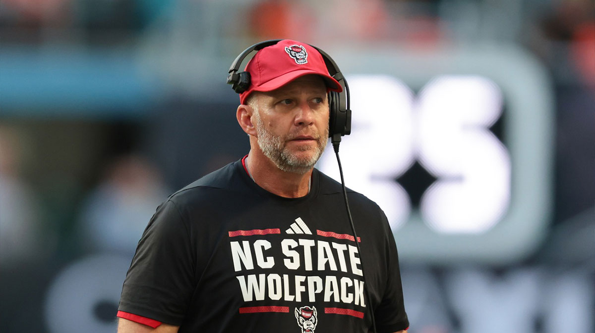 NC State Wolfpack head coach Dave Doeren looks on against Miami Hurricanes during the second quarter at Hard Rock Stadium.
