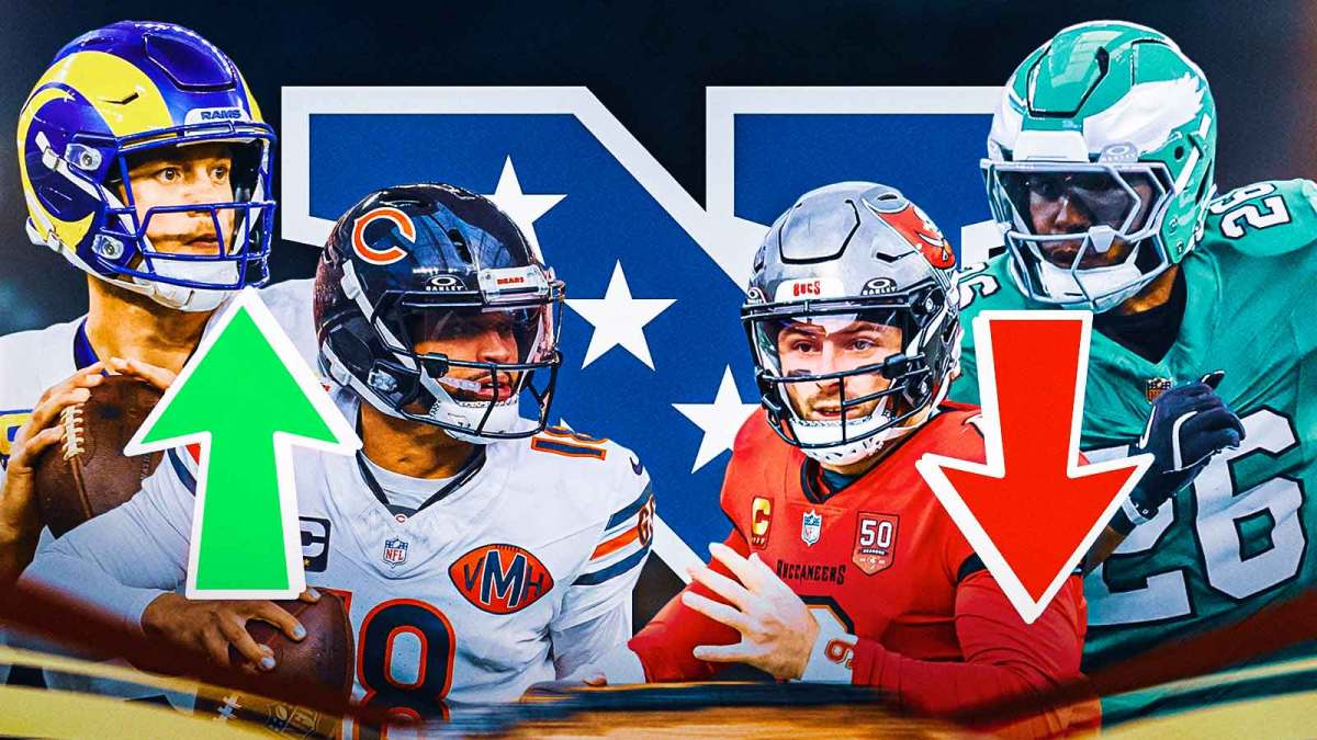 Matthew Stafford, Caleb Williams with green upward facing arrows on one side. Saquon Barkley, Baker Mayfield with red doward facing arrows on other side. NFC logo as background.