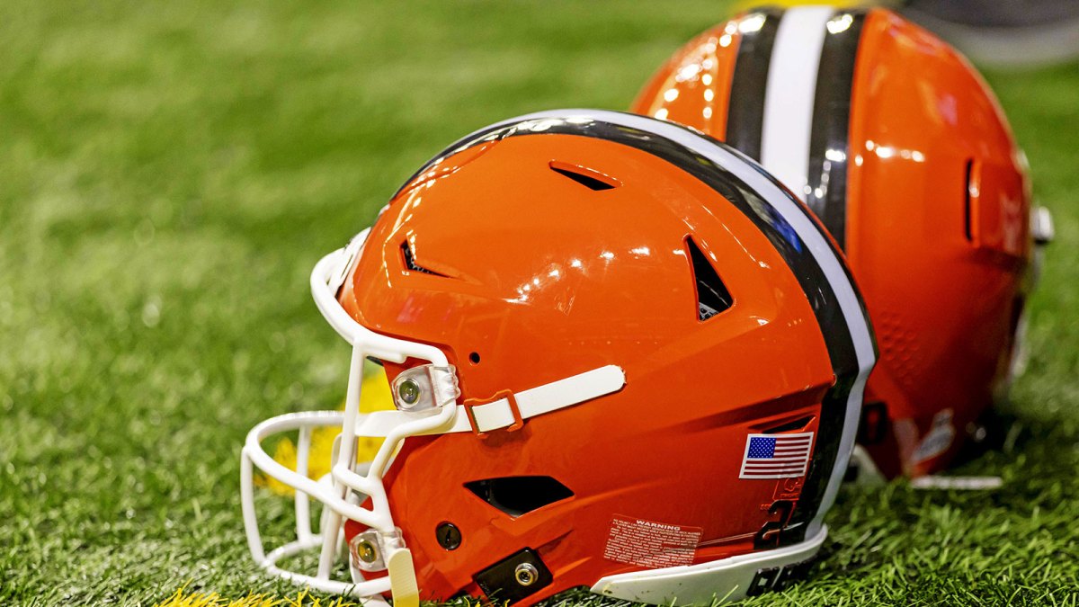 A general view of the Cleveland Browns helmets on the field before the game against the Detroit Lions at Ford Field.
