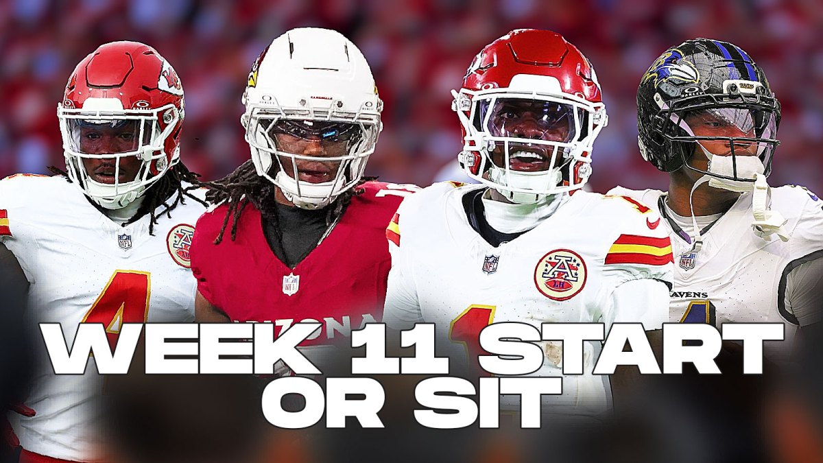 Chiefs WR Rashee Rice with Cardinals WR Marvin Harrison Jr., Chiefs WR Xavier Worthy, and Ravens WR Zay Flowers. There is also text "WEEK 11 START OR SIT"