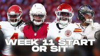 Chiefs WR Rashee Rice with Cardinals WR Marvin Harrison Jr., Chiefs WR Xavier Worthy, and Ravens WR Zay Flowers. There is also text "WEEK 11 START OR SIT"