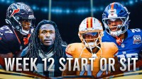 Texans RB Woody Marks with Saints RB Alvin Kamara, Giants RB Tyrone Tracy Jr., and Buccaneers RB Sean Tucker. There is also text "WEEK 12 START OR SIT".