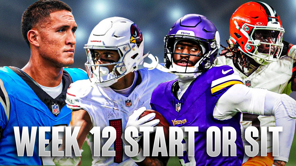 Panthers WR Tetairoa McMillan with Cardinals WR Michael Wilson, Vikings WR Jordan Addison, and Browns WR Jerry Jeudy. There is also text "WEEK 12 START OR SIT"