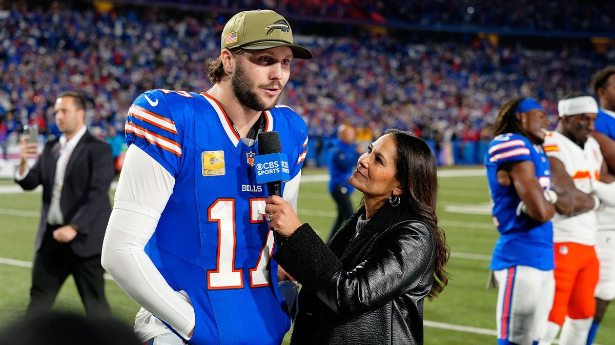 Buffalo Bills quarterback Josh Allen (17) is interviewed after the game against the Kansas City Chiefs at Highmark Stadium.