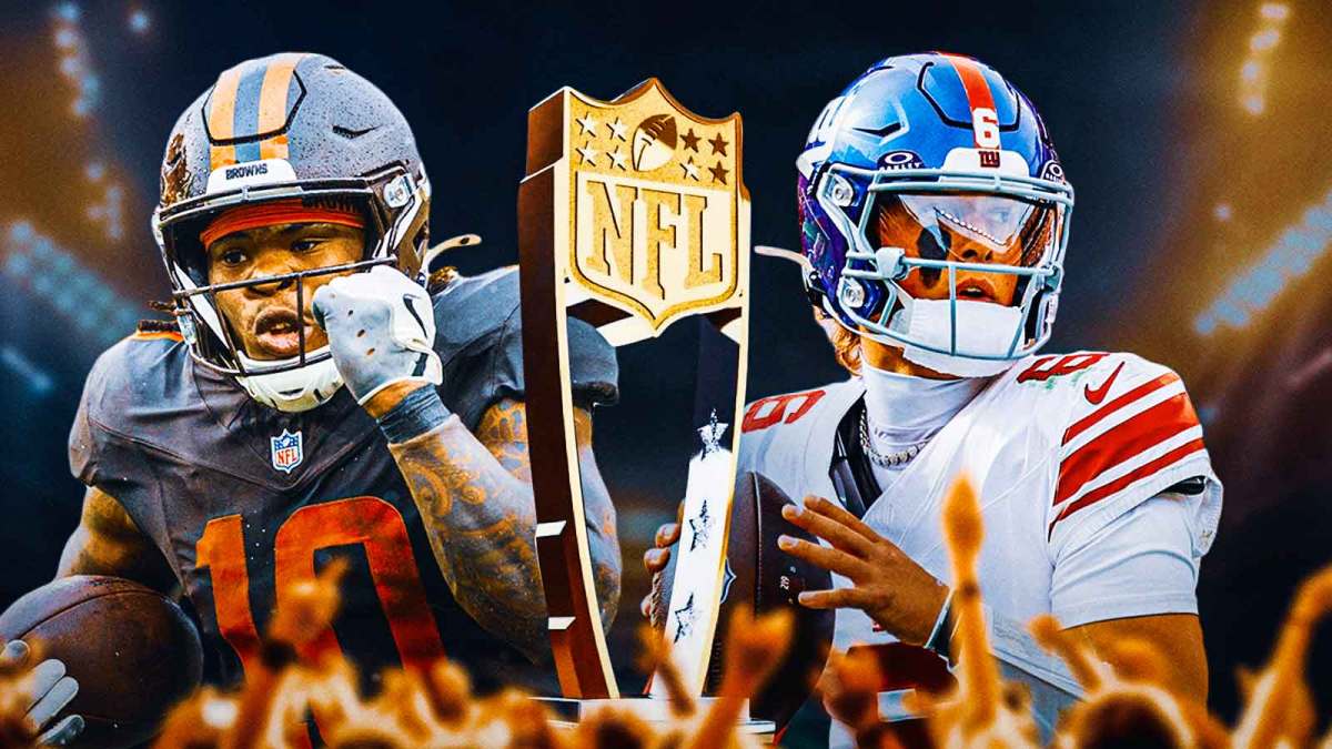 Jaxson Dart and Quinshon Judkins together. NFL Offensive Rookie of the Year trophy front and center.