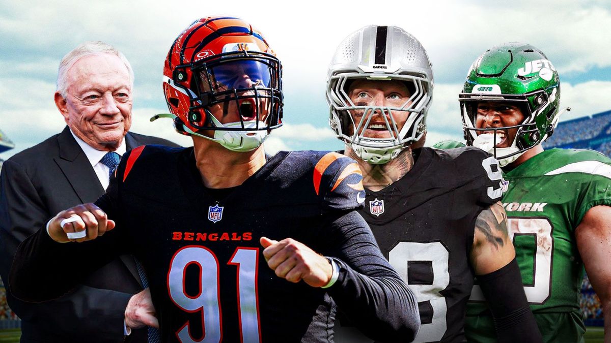 NFL field/stadium background with cutouts of Trey Hendrickson (he plays for the Bengals), Maxx Crosby (Raiders), Jerry Jones (Cowboys owner), and Breece Hall (Jets)
