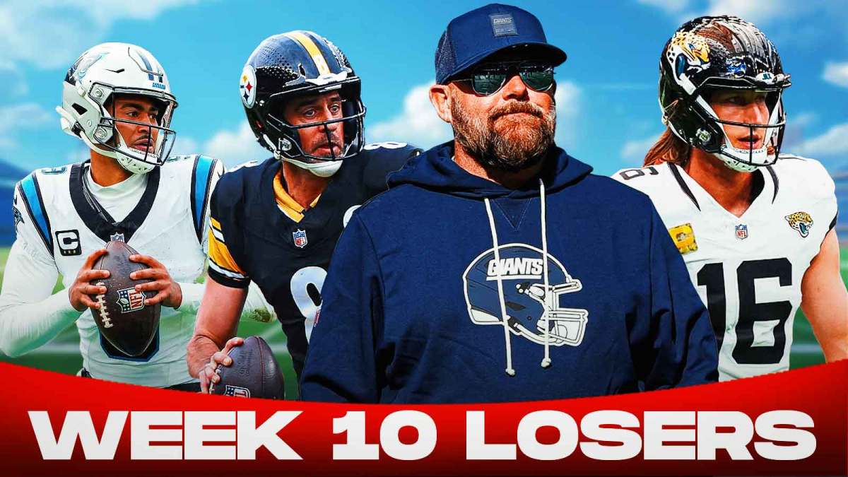 Giants HC Brian Daboll, Jaguars QB Trevor Lawrence, Steelers QB Aaron Rodgers, Panthers QB Bryce Young "Week 10 Losers" at the bottom