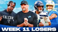 Falcons HC Raheem Morris, Lions HC Dan Campbell, Seahawks QB Sam Darnold, Chargers QB Justin Herbert "Week 11 Losers" at the bottom
