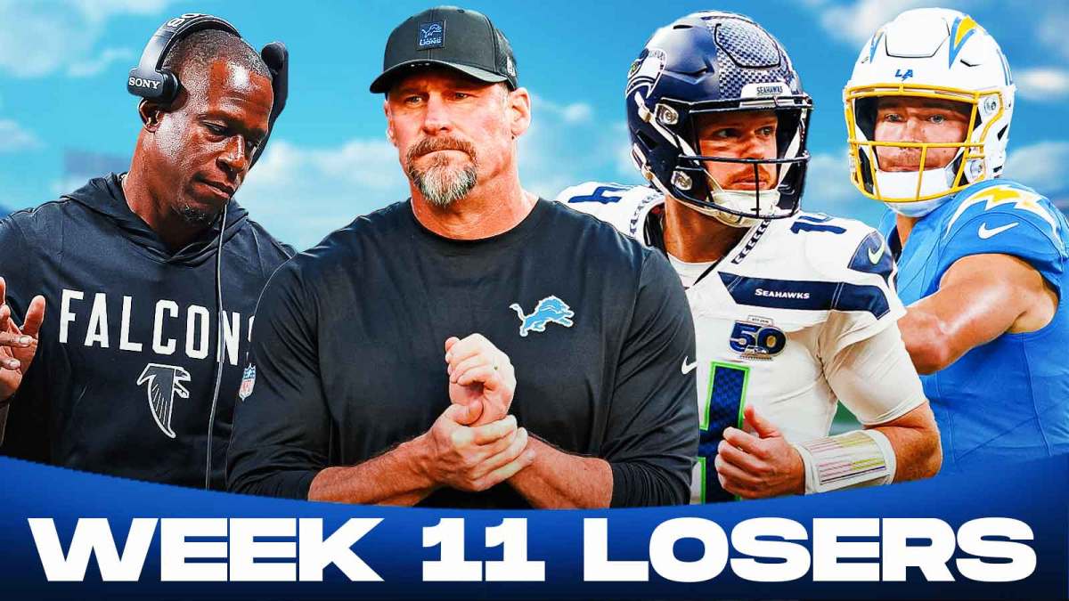 Falcons HC Raheem Morris, Lions HC Dan Campbell, Seahawks QB Sam Darnold, Chargers QB Justin Herbert "Week 11 Losers" at the bottom