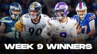 Steelers EDGE TJ Watt, Seahawks WR Jaxon Smith-Njigba, Vikings QB JJ McCarthy, Bills QB Josh Allen "Week 9 Winners" at the bottom