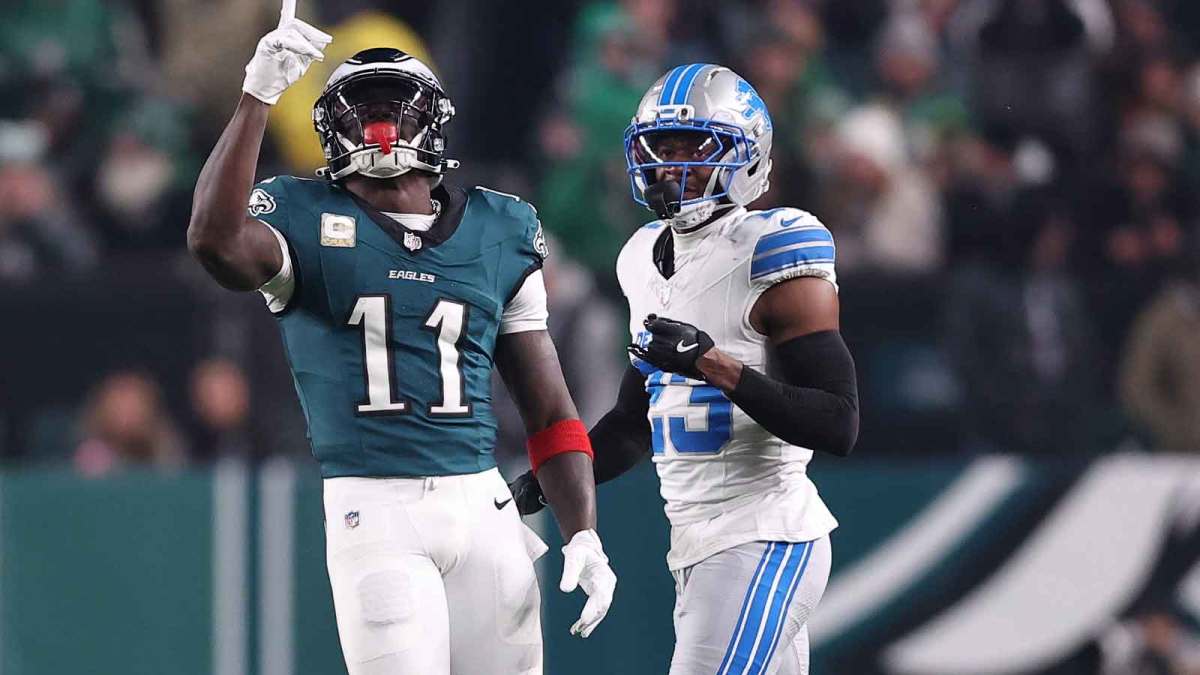Philadelphia Eagles wide receiver A.J. Brown (11) reacts after making a catch against Detroit Lions cornerback Rock Ya-Sin (23) during the first half at Lincoln Financial Field.