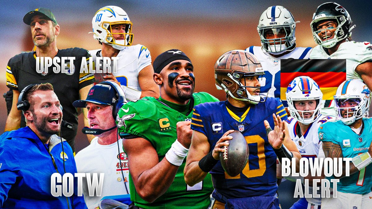 The ClutchPoints 2025 NFL Week 10 picks, predictions, and odds column featuring - - Eagles Jalen Hurts and Packers Jordan Love large and in the middle surrounded by... - Rams Sean McVay and 49ers Kyle Shanahan with "GOTW" in front of them - Steelers Aaron Rodgers and Chargers Justin Herbert with "UPSET ALERT" - Bills Josh Allen and Dolphins Tua Tagovailoa with "BLOWOUT ALERT" underneath - Falcons Bijan Robinson and Colts Jonathan Taylor with a Germany flag underneath