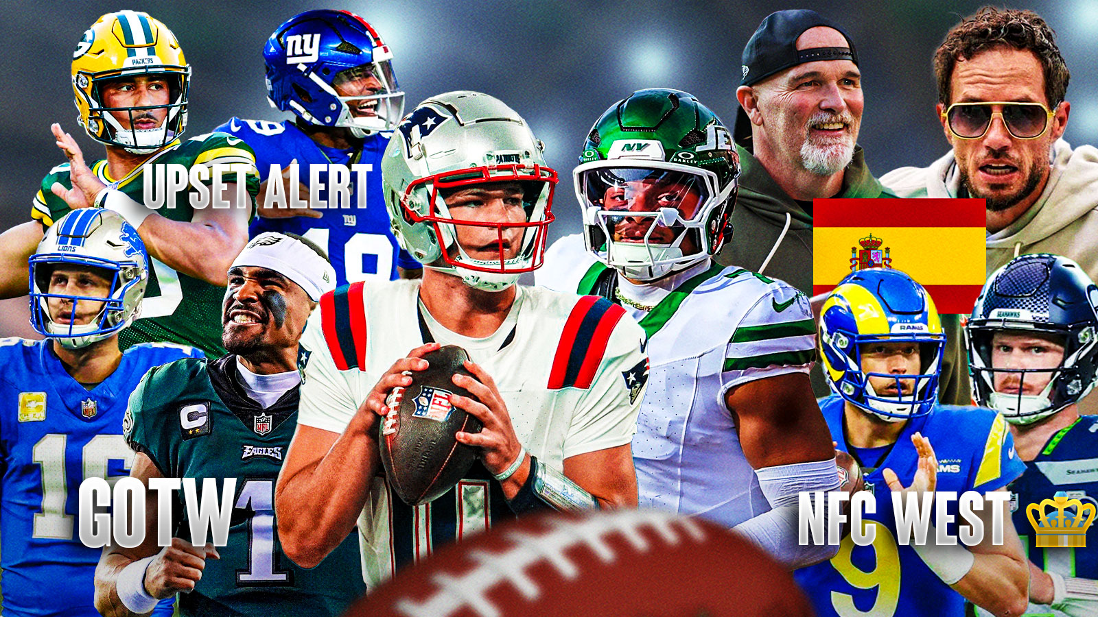 The ClutchPoints 2025 NFL Week 11 picks, predictions, and odds column, featuring - - Patriots Drake Maye and Jets Justin Fields large and in the middle surrounded by... - Eagles Jalen Hurts and Lions Jared Goff with "GOTW" in front of them - Packers Jordan Love and Giants Jameison Winston with "UPSET ALERT" - Seahawks Sam Darnold and Rams Matthew Stafford with "NFC WEST 👑" underneath - Dolphins Mike McDaniels and Commanders Dan Quinn with a Spain flag underneath