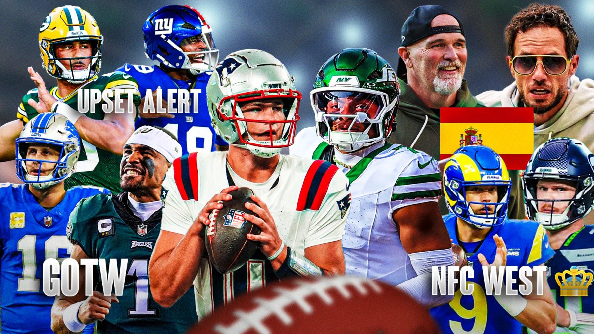 The ClutchPoints 2025 NFL Week 11 picks, predictions, and odds column, featuring - - Patriots Drake Maye and Jets Justin Fields large and in the middle surrounded by... - Eagles Jalen Hurts and Lions Jared Goff with "GOTW" in front of them - Packers Jordan Love and Giants Jameison Winston with "UPSET ALERT" - Seahawks Sam Darnold and Rams Matthew Stafford with "NFC WEST 👑" underneath - Dolphins Mike McDaniels and Commanders Dan Quinn with a Spain flag underneath