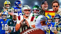 The ClutchPoints 2025 NFL Week 11 picks, predictions, and odds column, featuring - - Patriots Drake Maye and Jets Justin Fields large and in the middle surrounded by... - Eagles Jalen Hurts and Lions Jared Goff with "GOTW" in front of them - Packers Jordan Love and Giants Jameison Winston with "UPSET ALERT" - Seahawks Sam Darnold and Rams Matthew Stafford with "NFC WEST 👑" underneath - Dolphins Mike McDaniels and Commanders Dan Quinn with a Spain flag underneath