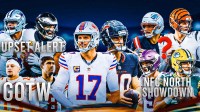 The ClutchPoints 2025 NFL Week 12 picks, predictions, and odds column featuring - - Bills Josh Allen and Texans Davis Mills large and in the middle surrounded by... - Chiefs Patrick Mahomes and Colts Daniel Jones with "GOTW" in front of them - Cowboys Dak Prescott and Eagles Jalen Hurts with "UPSET ALERT" - Vikings JJ McCarthy and Packers Jordan Love with "NFC NORTH SHOWDOWN" underneath - Patriots Drake Maye next to Bengals Joe Burrow with a question mark (?) over Burrow