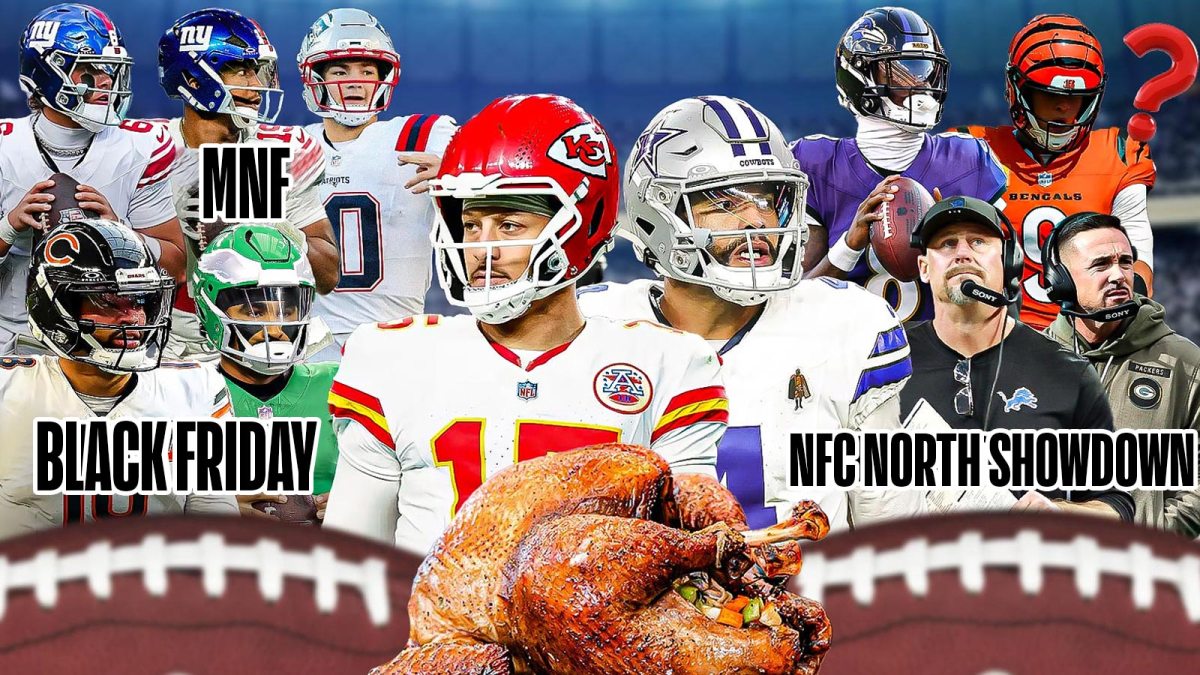 The ClutchPoints 2025 NFL Week 13 picks, predictions, and odds column, featuring - A Collages of - - Chiefs Patrick Mahomes and Cowboys Dak Prescott and large and in the middle with a Thanksgiving turkey in front of them surrounded by... - Bears Caleb Williams and Eagles Jalen Hurts with "BLACK FRIDAY" (in black font) in front of them - Giants' Jaxson Dart and Jameis WInston next to Patriots Drake Maye with "MNF" - Lions Dan Campbell and Packers Matt LaFleur with "NFC NORTH SHOWDOWN" underneath - Ravens Lamar Jackson next to Bengals Joe Burrow with a question mark (?) over Burrow.