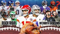 The ClutchPoints 2025 NFL Week 13 picks, predictions, and odds column, featuring - A Collages of - - Chiefs Patrick Mahomes and Cowboys Dak Prescott and large and in the middle with a Thanksgiving turkey in front of them surrounded by... - Bears Caleb Williams and Eagles Jalen Hurts with "BLACK FRIDAY" (in black font) in front of them - Giants' Jaxson Dart and Jameis WInston next to Patriots Drake Maye with "MNF" - Lions Dan Campbell and Packers Matt LaFleur with "NFC NORTH SHOWDOWN" underneath - Ravens Lamar Jackson next to Bengals Joe Burrow with a question mark (?) over Burrow.
