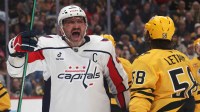 Washington Capitals left wing Alex Ovechkin (8) reacts after a Capitals goal against the Pittsburgh Penguins during the second period at PPG Paints Arena.