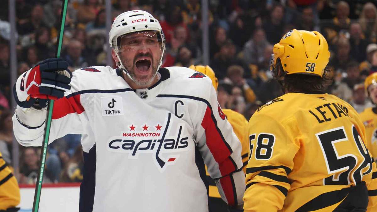 Washington Capitals left wing Alex Ovechkin (8) reacts after a Capitals goal against the Pittsburgh Penguins during the second period at PPG Paints Arena.