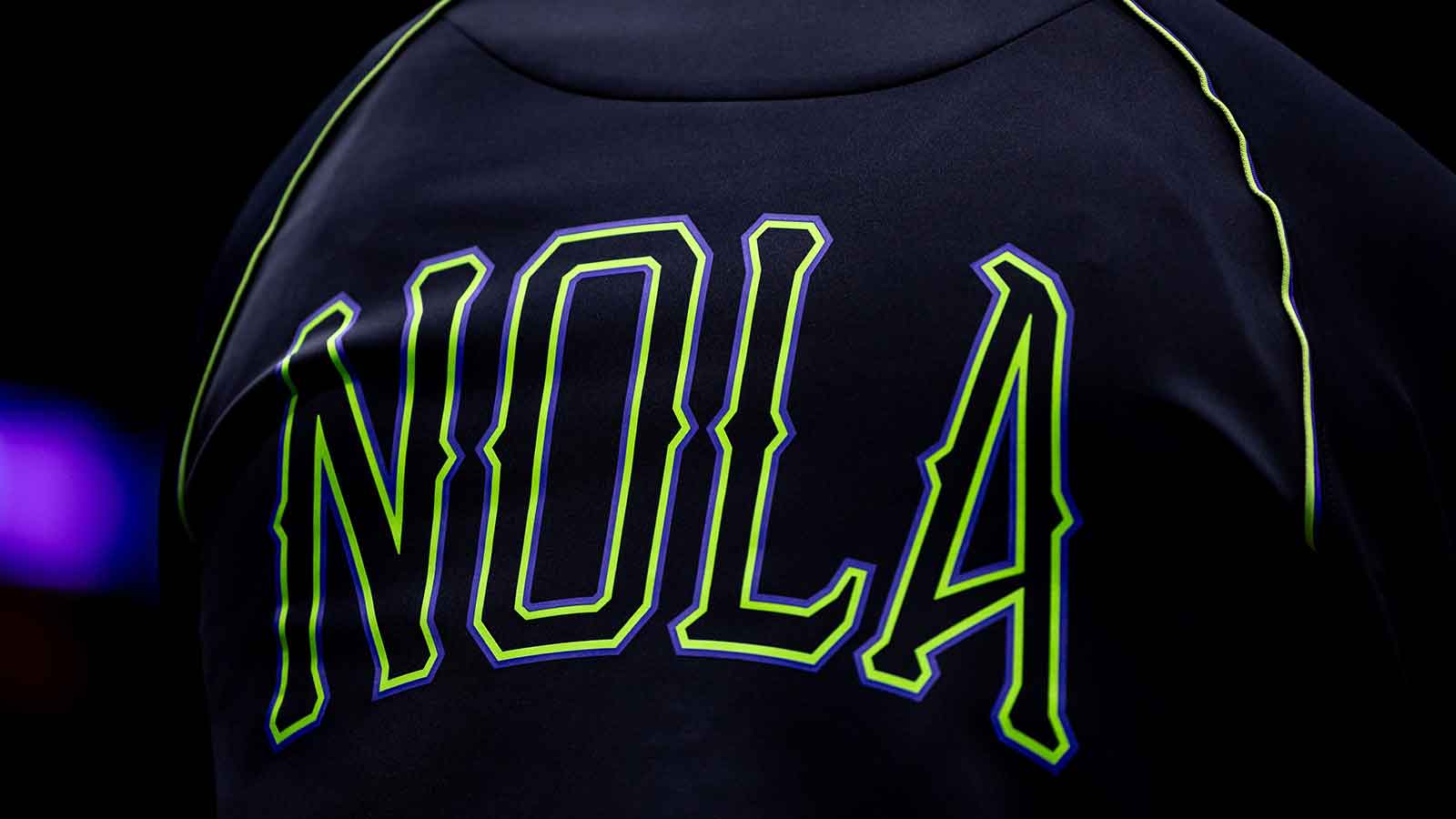 Detailed view of the City Edition logo for the New Orleans Pelicans against the Oklahoma City Thunder during the second half of game four of the first round for the 2024 NBA playoffs at Smoothie King Center. 