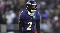 Baltimore Ravens cornerback Nate Wiggins (2) stands in his defensive position during the first quarter against the Cleveland Browns at M&T Bank Stadium.