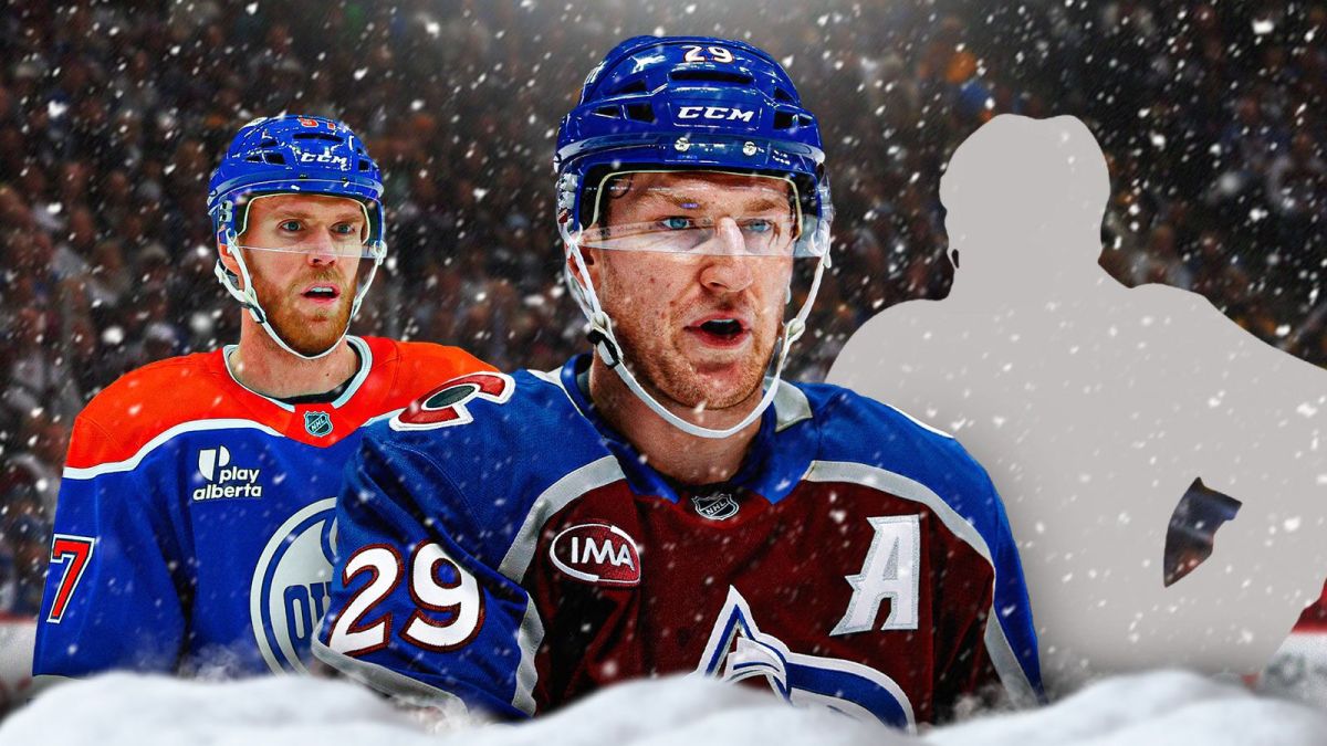 Colorado Avalanche star Nathan MacKinnon in the center. Edmonton Oilers star Connor McDavid to the left of MacKinnon. A silhouette of a hockey player on MacKinnon's right. Add ice and snow affects. Use an image of Ball Arena as the background image.