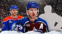 Colorado Avalanche star Nathan MacKinnon in the center. Edmonton Oilers star Connor McDavid to the left of MacKinnon. A silhouette of a hockey player on MacKinnon's right. Add ice and snow affects. Use an image of Ball Arena as the background image.