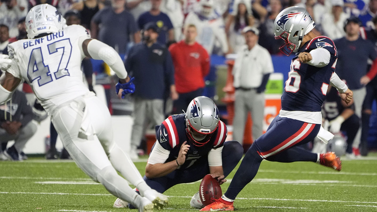 New England Patriots kicker Andy Borregales (36) kicks the game winning 52 yard field goal against the Buffalo Bills