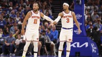 New York Knicks guard Jalen Brunson (11) and guard Josh Hart (3) react after a play against the Orlando Magic in the second quarter at Kia Center. Mandatory Credit: Nathan Ray Seebeck-Imagn Images