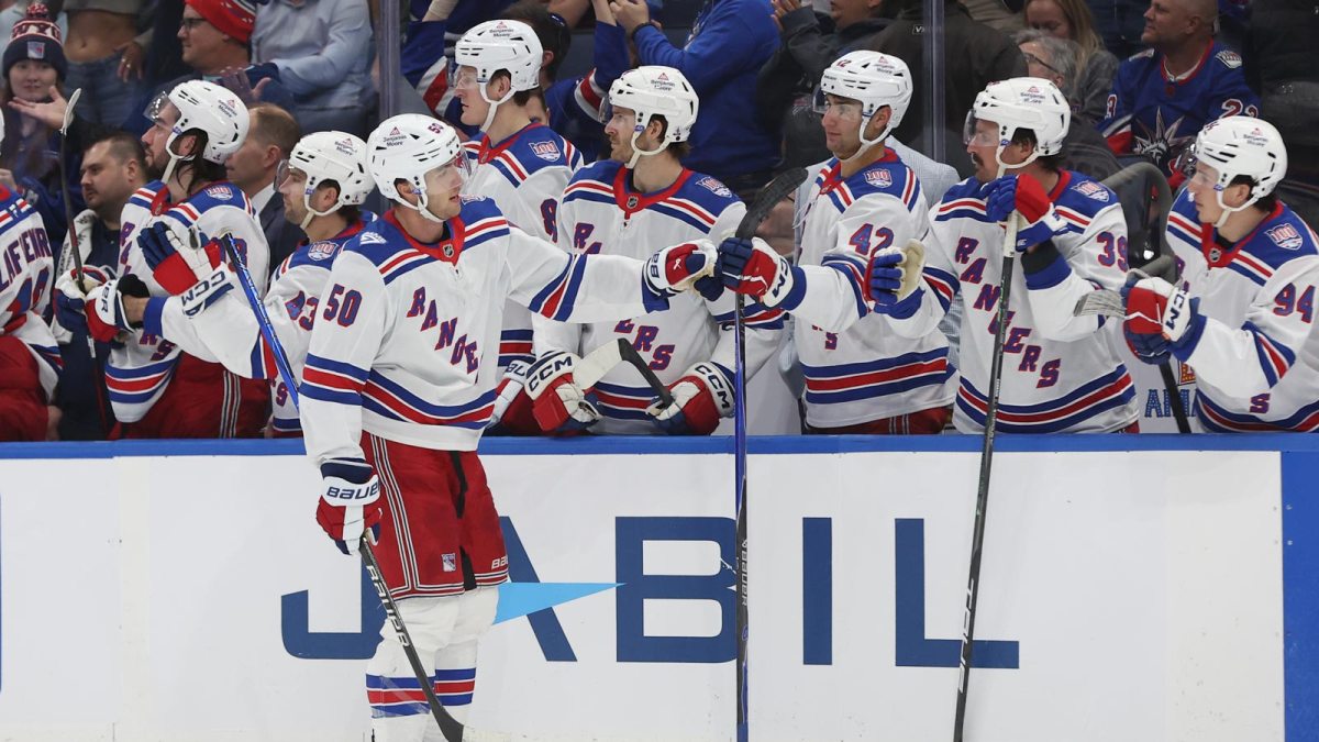 New York Rangers left wing Will Cuylle (50) scores a goal against the Tampa Bay Lightning during the third period at Benchmark International Arena.