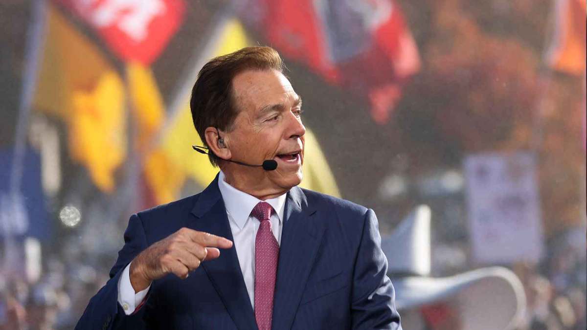 ESPN College GameDay analyst Nick Saban speaks during the live broadcast on the Texas Tech University campus.