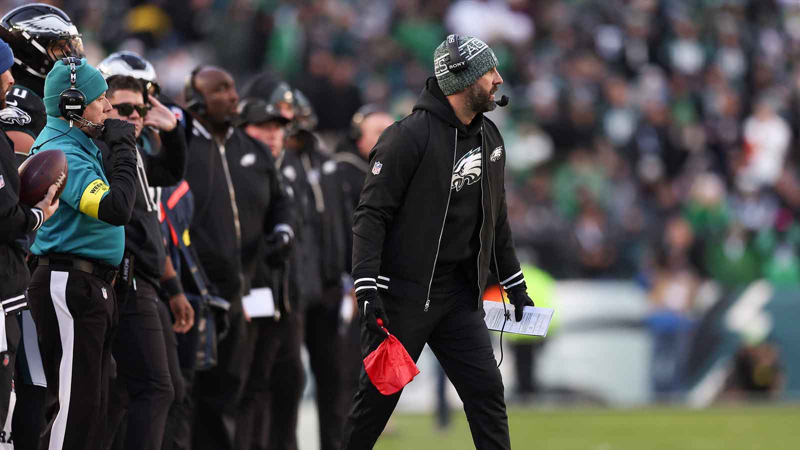 Philadelphia Eagles head coach Nick Sirianni holds onto the challenge flag during the first quarter of the game against the Chicago Bears at Lincoln Financial Field.