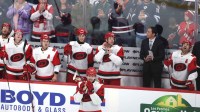 Carolina Hurricanes left wing Nikolaj Ehlers (27) acknowledges fans on his first game back against the Winnipeg Jets at Canada Life Centre.