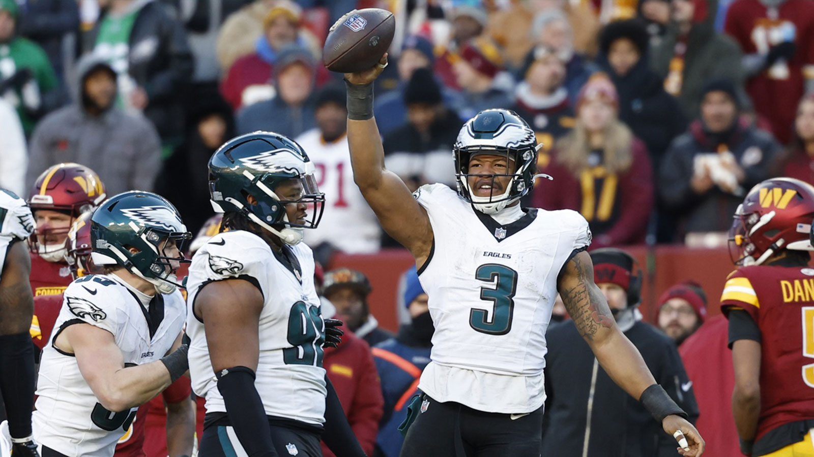 Philadelphia Eagles linebacker Nolan Smith Jr. (3) celebrates after recovering a fumble against the Washington Commanders during the third quarter at Northwest Stadium.