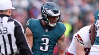 Philadelphia Eagles linebacker Nolan Smith Jr. (3) reacts after a play against the Washington Commanders during the first half of the NFC Championship game at Lincoln Financial Field.