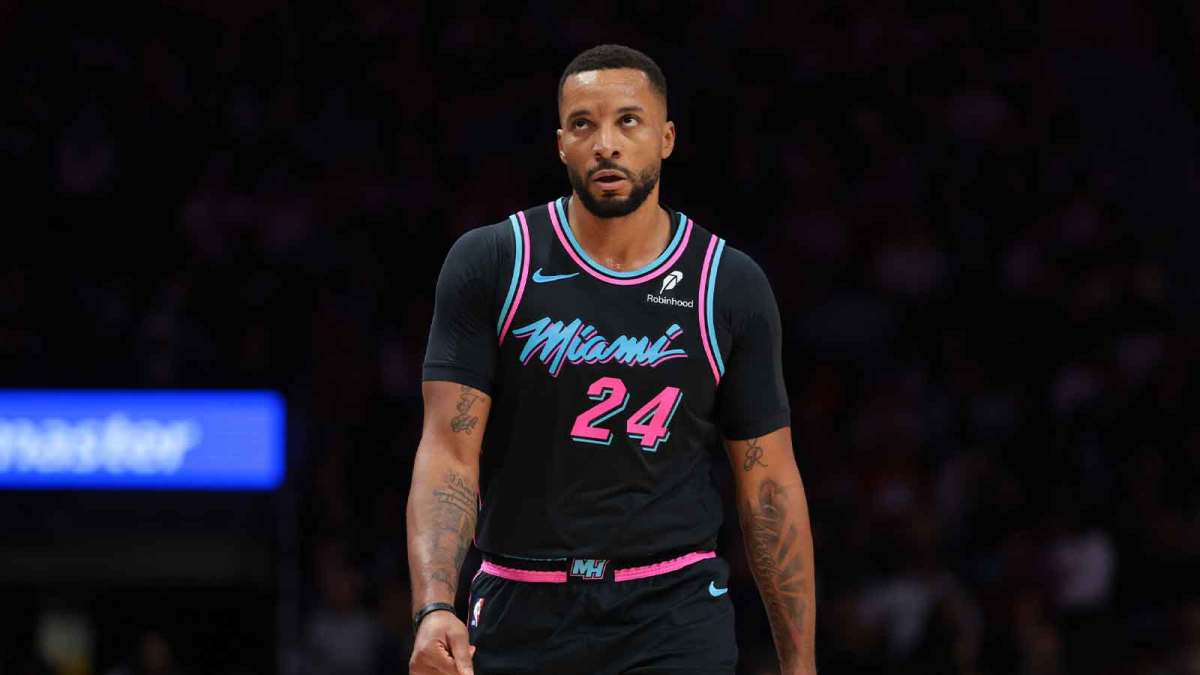Miami Heat guard Norman Powell (24) looks on against the Cleveland Cavaliers during the third quarter at Kaseya Center.