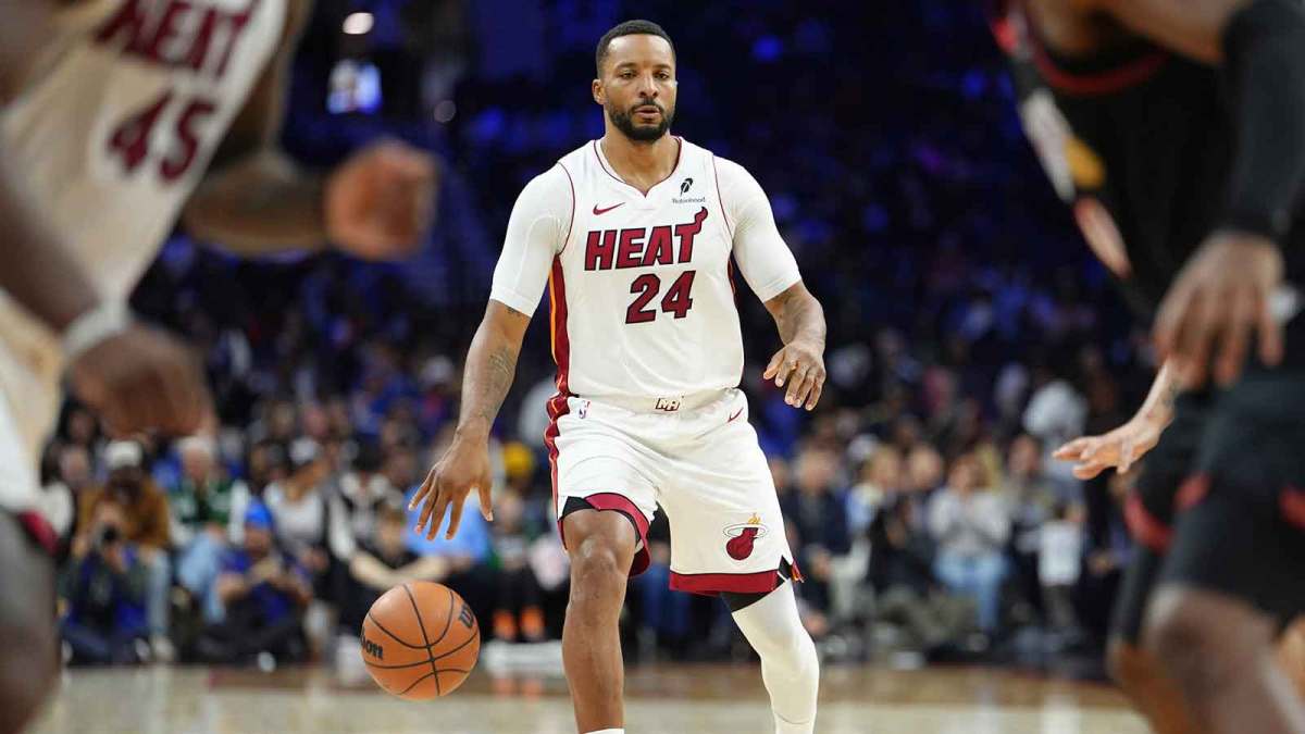 Miami Heat guard Norman Powell (24) controls the ball against the Philadelphia 76ers in the second quarter at Xfinity Mobile Arena.