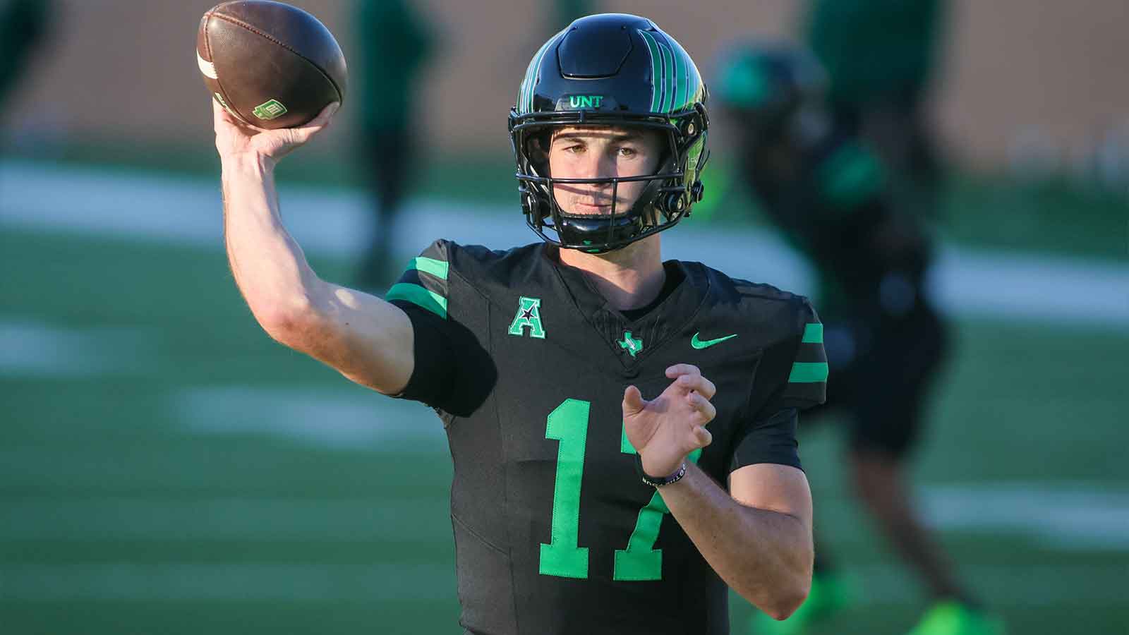 North Texas Mean Green quarterback Drew Mestemaker (17) warms up prior to a game against the South Florida Bulls at DATCU Stadium.