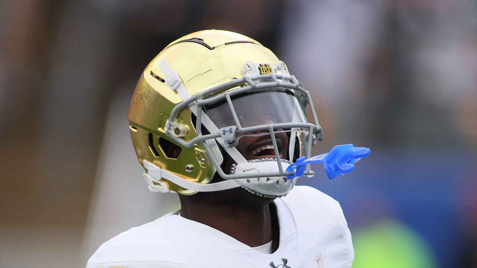 Notre Dame Fighting Irish running back Jeremiyah Love (4) reacts after scoring a touchdown during the first half against the Pittsburgh Panthers at Acrisure Stadium in Pittsburgh, PA on November 15, 2025.
