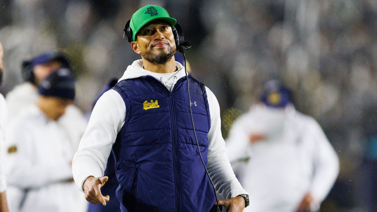 Notre Dame head coach Marcus Freeman looks on during the first half of a NCAA football game against Navy at Notre Dame Stadium