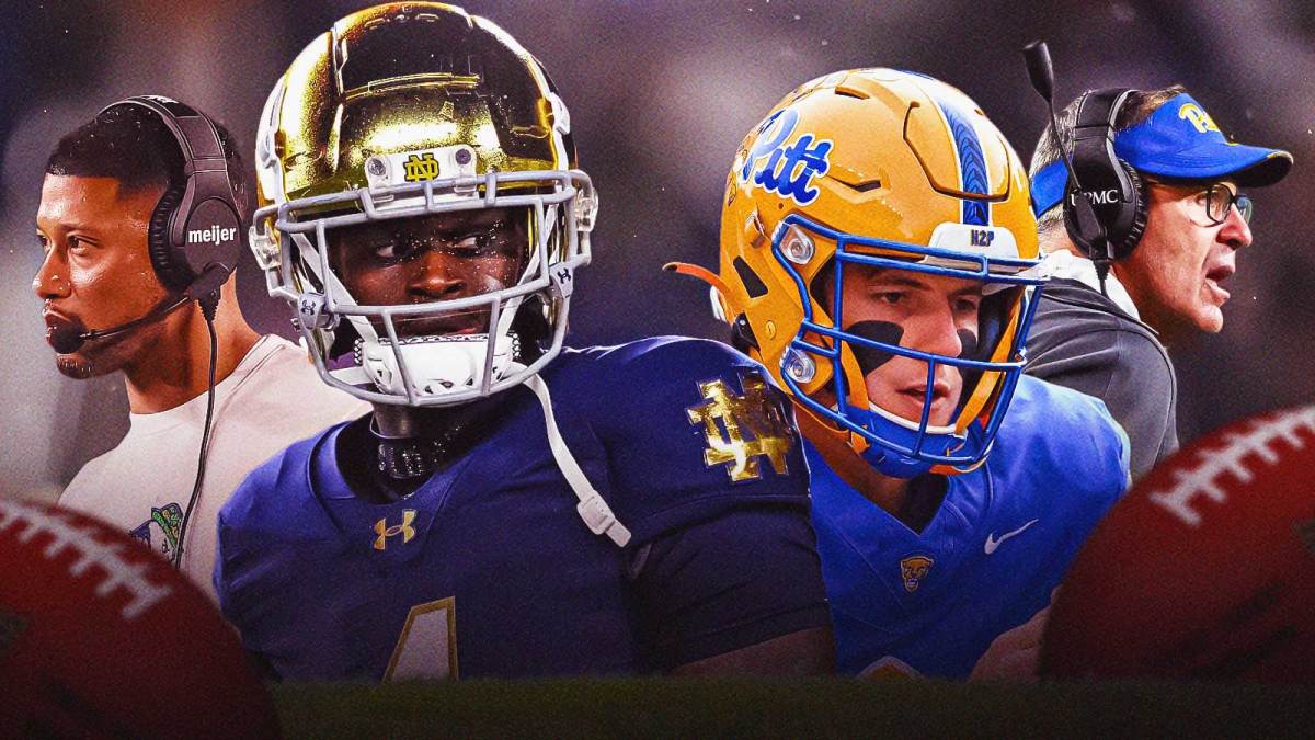 Jeremiyah Love and Marcus Freeman on the left, Pat Narduzzi and Mason Heintschel on the right.