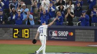 Nov 1, 2025; Toronto, Ontario, CAN; Toronto Blue Jays pitcher Max Scherzer (31) is relieved in the fifth inning against the Los Angeles Dodgers during game seven of the 2025 MLB World Series at Rogers Centre. Mandatory Credit: Kevin Sousa-Imagn Images
