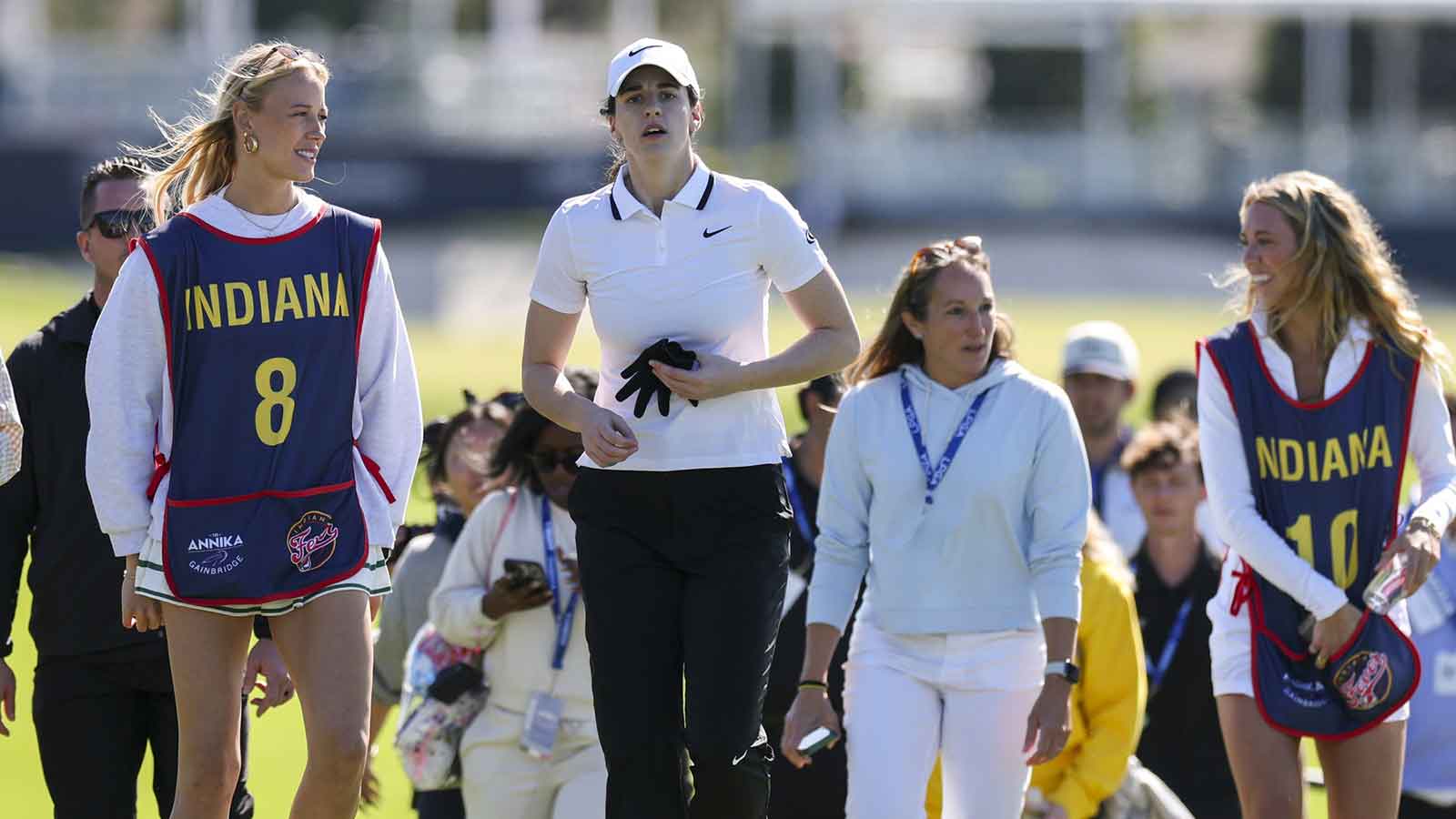 Nov 12, 2025; Belleair, Florida, USA; Indiana Fever guard Caitlin Clark (22) plays in the Annika Pro-Am golf tournament at Pelican Golf Club. Mandatory Credit: Nathan Ray Seebeck-Imagn Images Mandatory Credit: © Nathan Ray Seebeck-Imagn Images