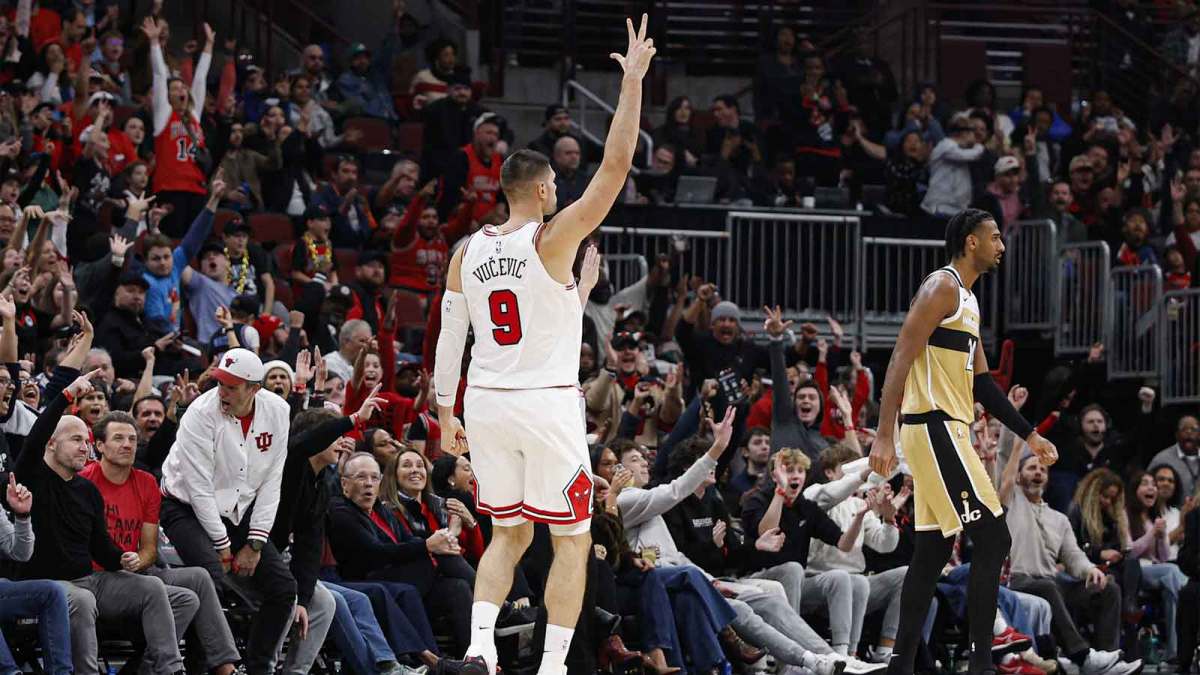 Nov 22, 2025; Chicago, Illinois, USA; Chicago Bulls center Nikola Vucevic (9) celebrates after scoring against the Washington Wizards during the second half at United Center. Mandatory Credit: Kamil Krzaczynski-Imagn Images