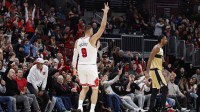 Nov 22, 2025; Chicago, Illinois, USA; Chicago Bulls center Nikola Vucevic (9) celebrates after scoring against the Washington Wizards during the second half at United Center. Mandatory Credit: Kamil Krzaczynski-Imagn Images