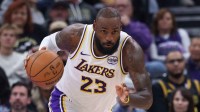 Los Angeles Lakers forward LeBron James (23) brings the ball up the court against the Utah Jazz during the first half at Delta Center. Mandatory Credit: Rob Gray-Imagn Images
